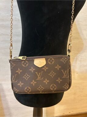 Designer Inspired Brown Monogram Crossbody, Gold Chain